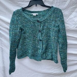 Cropped Blue, Teal Button Down 100% Cotton Knit Cardigan